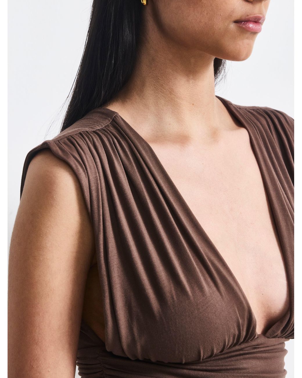 NINETY PERCENT White Orla Low V Neck Rouch Side Top In Mocha