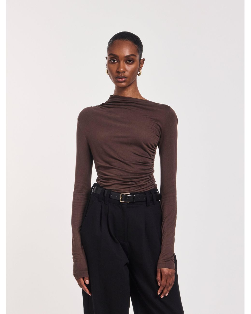 NINETY PERCENT Brown Iphis Draped Long Sleeve Top In Bracken