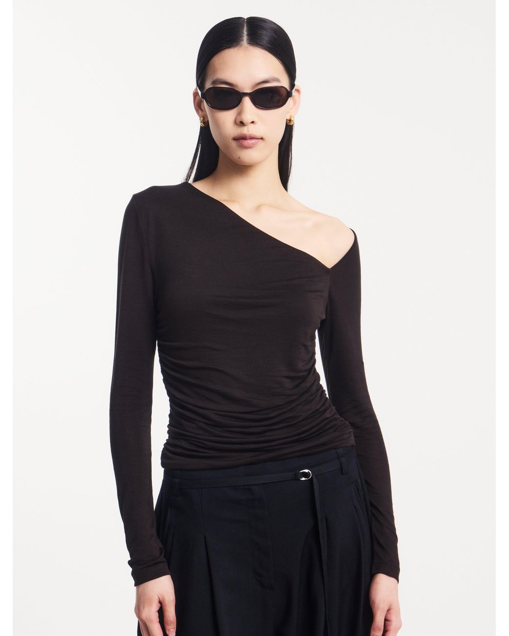 NINETY PERCENT Black Parker Asymmetrical Top In Bitter Chocolate
