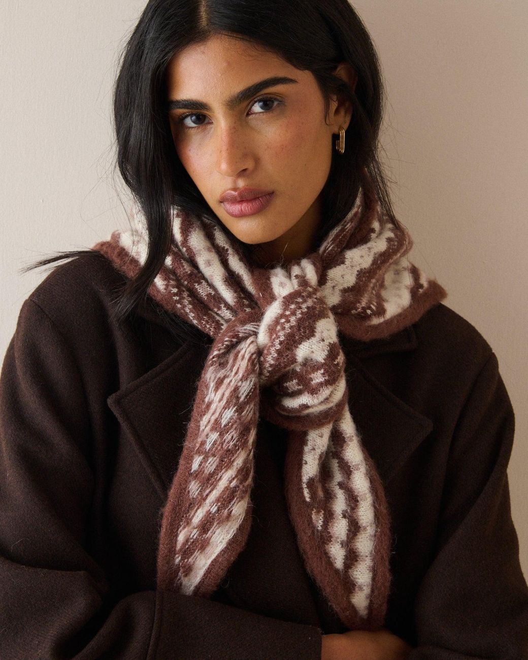 Nobody's Child Brown And Cream Fair Isle Wool-Blend Large Triangle Scarf