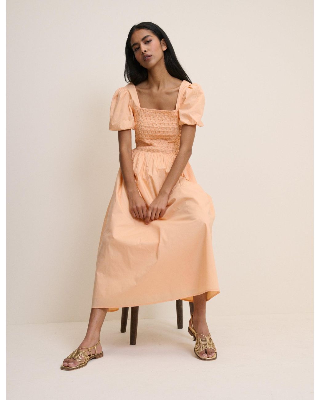 Nobody's Child Natural Peach Puff Sleeve Ida Midi Dress