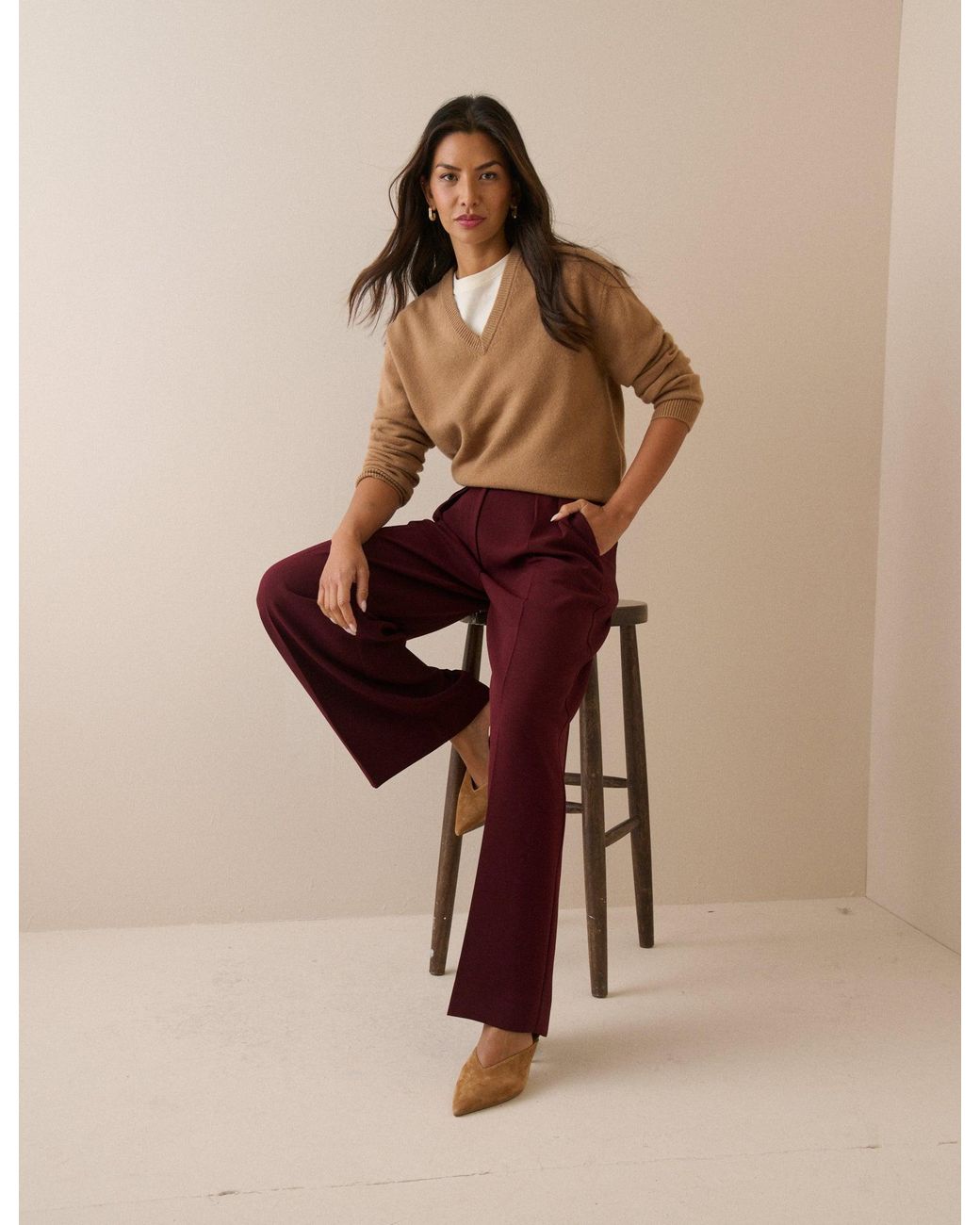 Nobody's Child Natural Burgundy High Waisted Rue Wide Leg Trousers