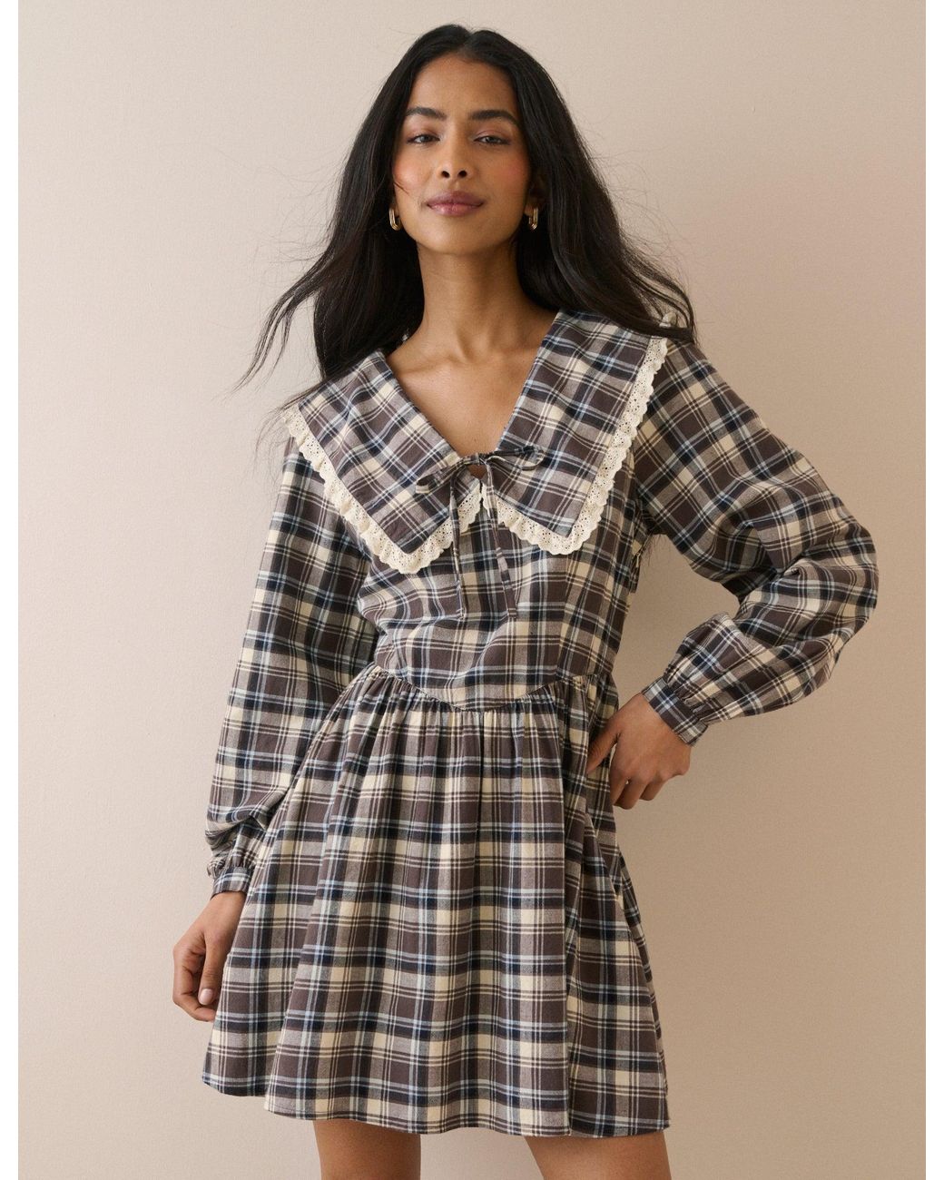 Nobody's Child Brown Tartan Oversized Collared Kia Mini Dress