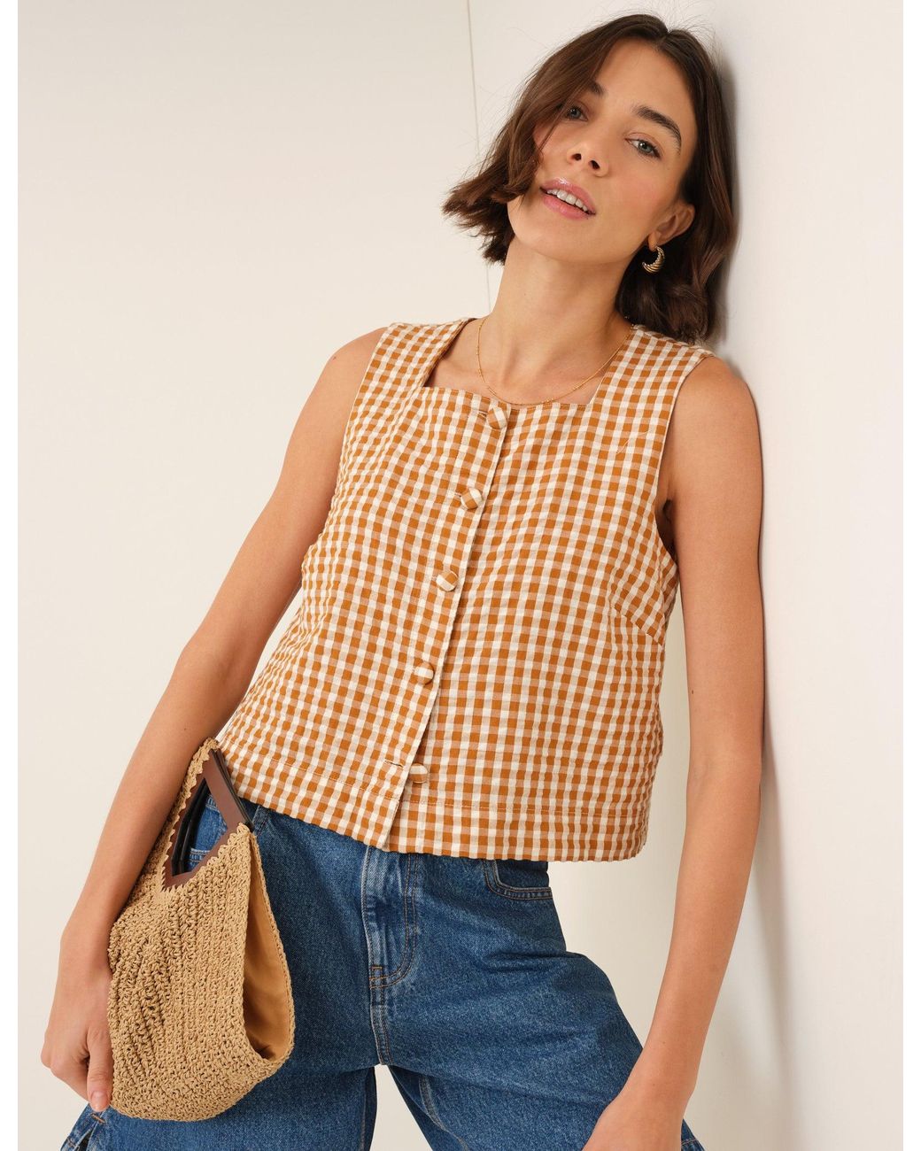 Nobody's Child Blue Gingham Button Front Top