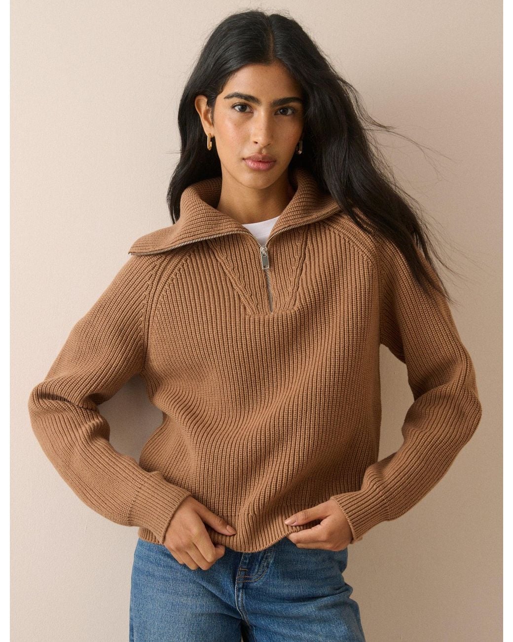 Nobody's Child Brown Ribbed Half Zip Jumper