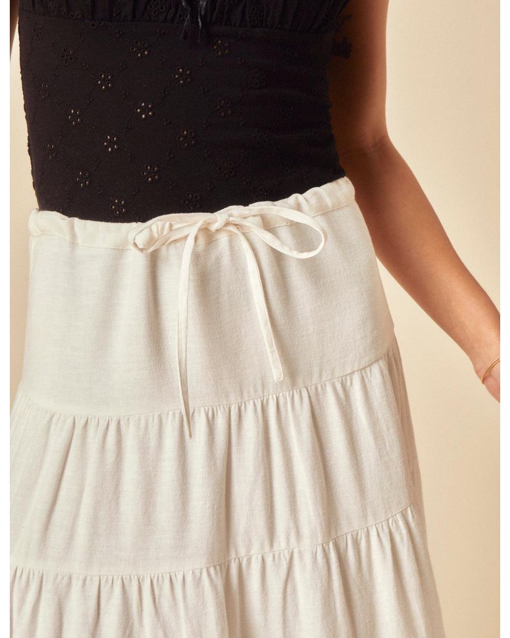 Nobody's Child Natural Linen-Blend Tie Waist Tiered Skirt