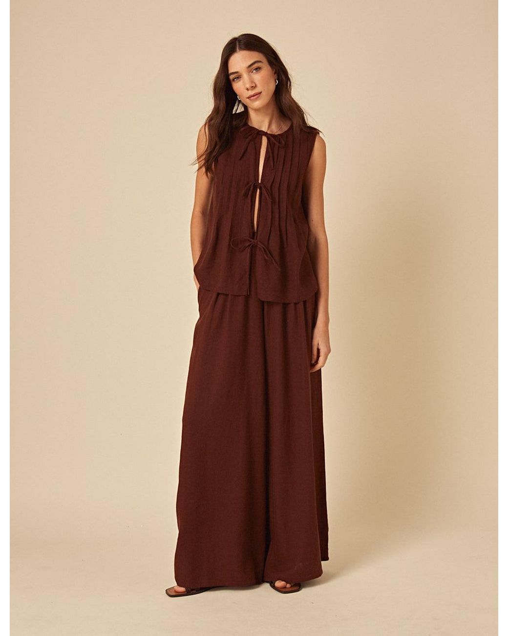 Nobody's Child Brown Linen-Blend Tie Front Top