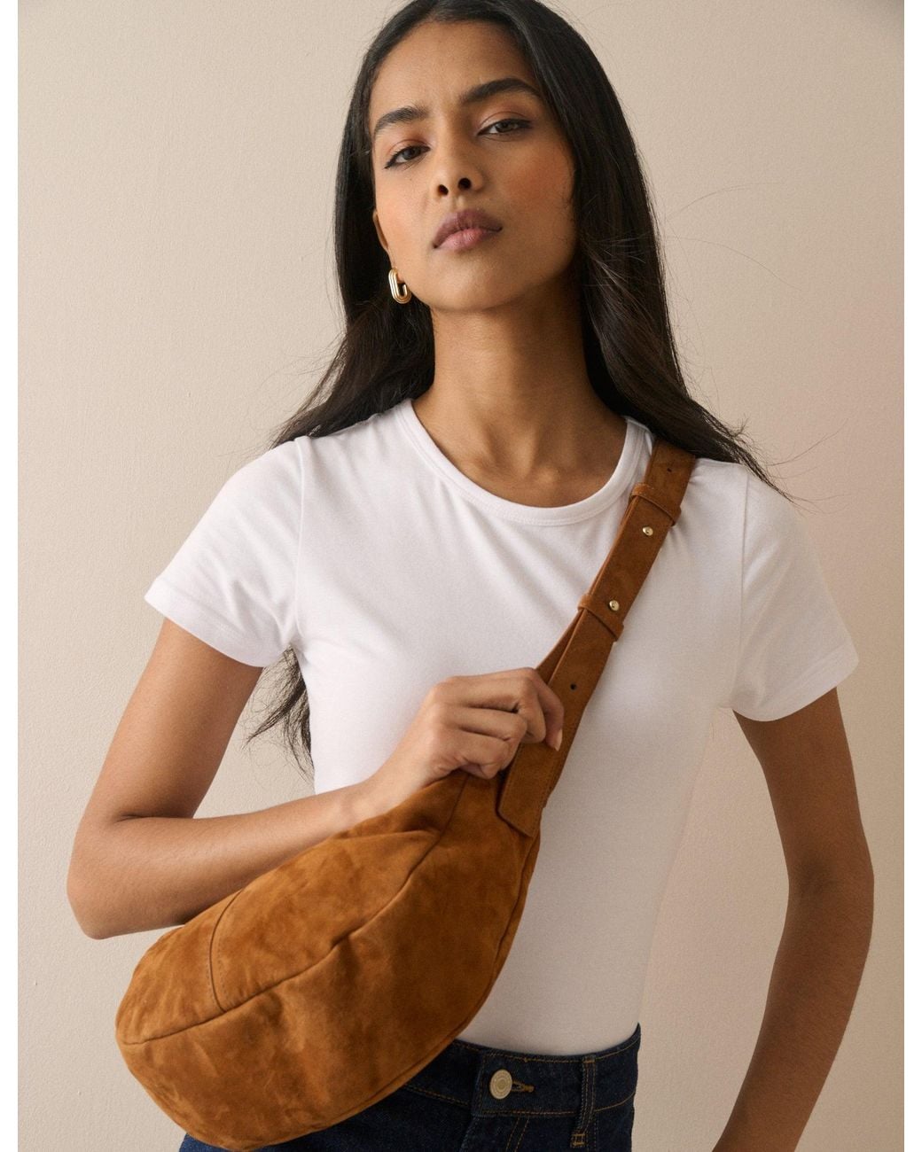 Nobody's Child Blue Tan Suede Crescent Crossbody Bag