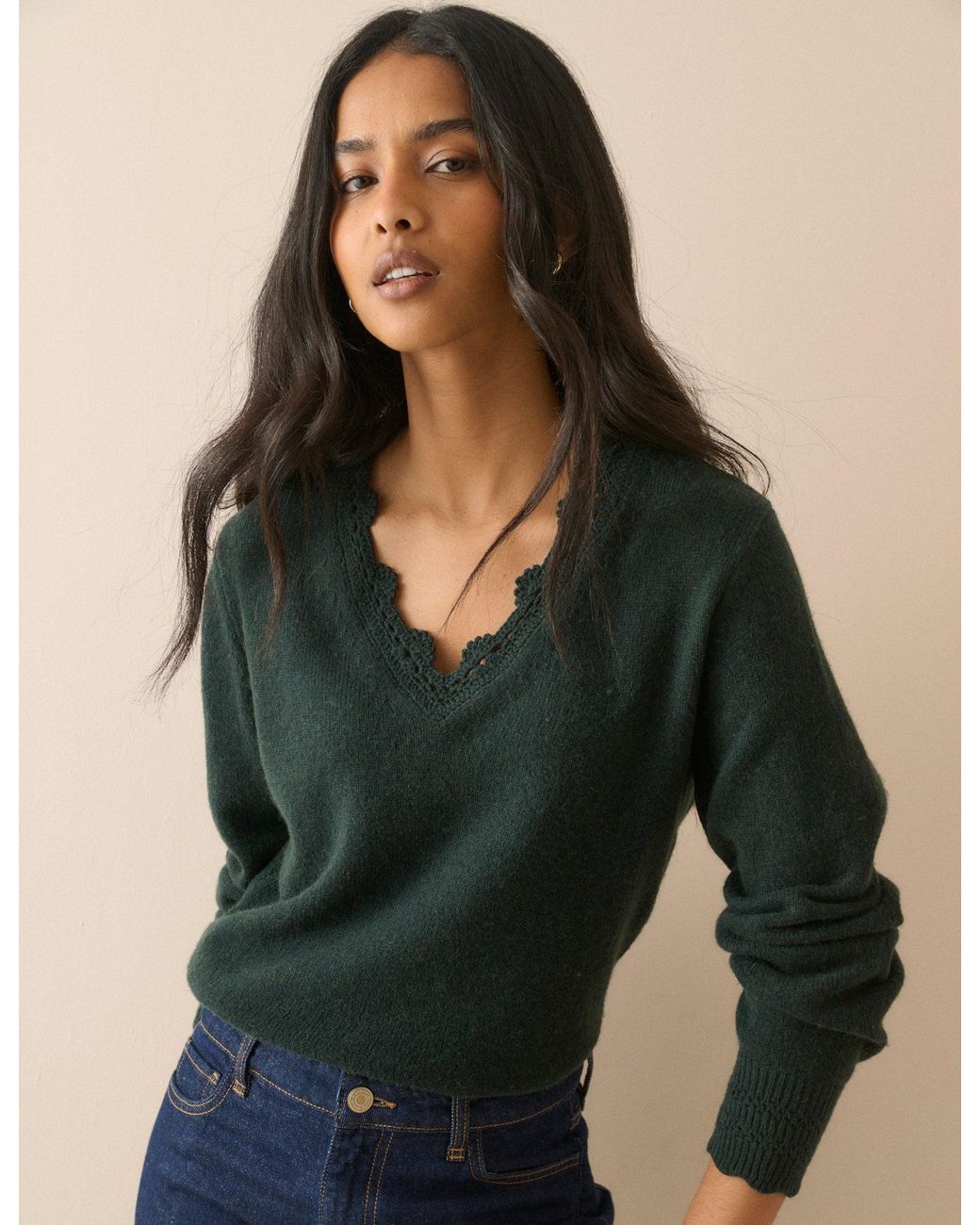 Nobody's Child Green Wool-Blend Crochet Trim Jumper