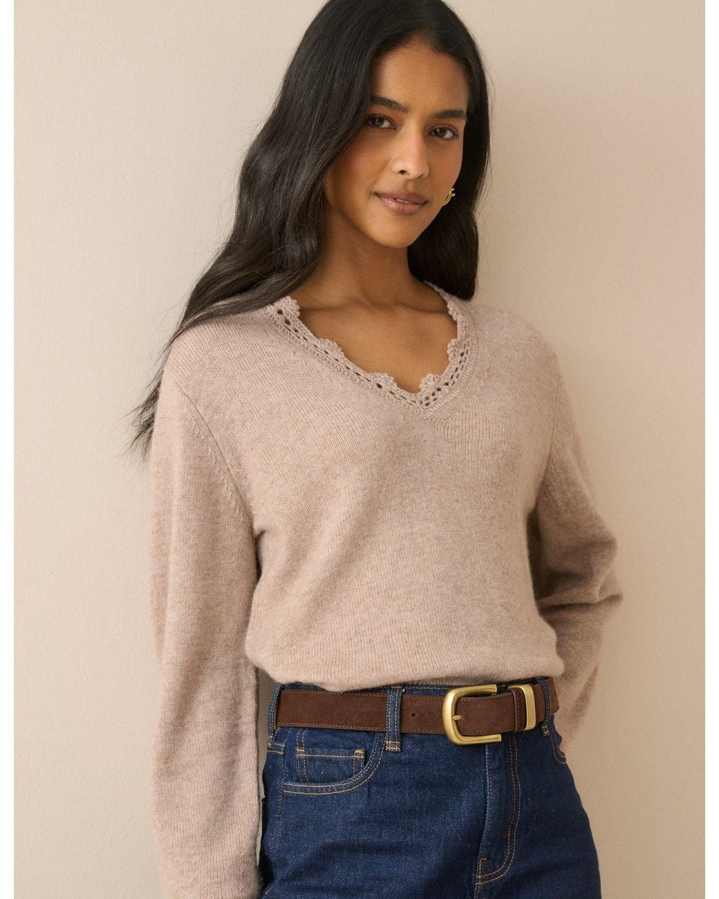 Nobody's Child Brown Crochet Trim Wool-Blend Jumper