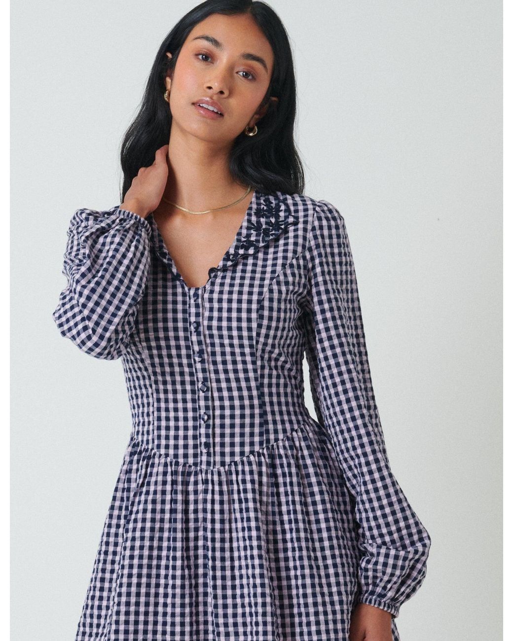 Nobody's Child Blue Gingham Floral Collar Sienna Mini Dress