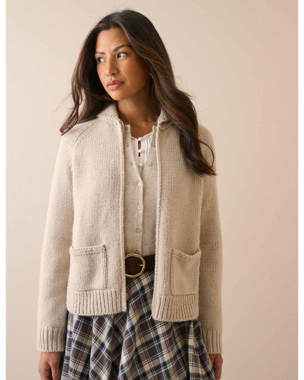 Nobody's Child Natural Oatmeal Ribbed Trim Knitted Jacket