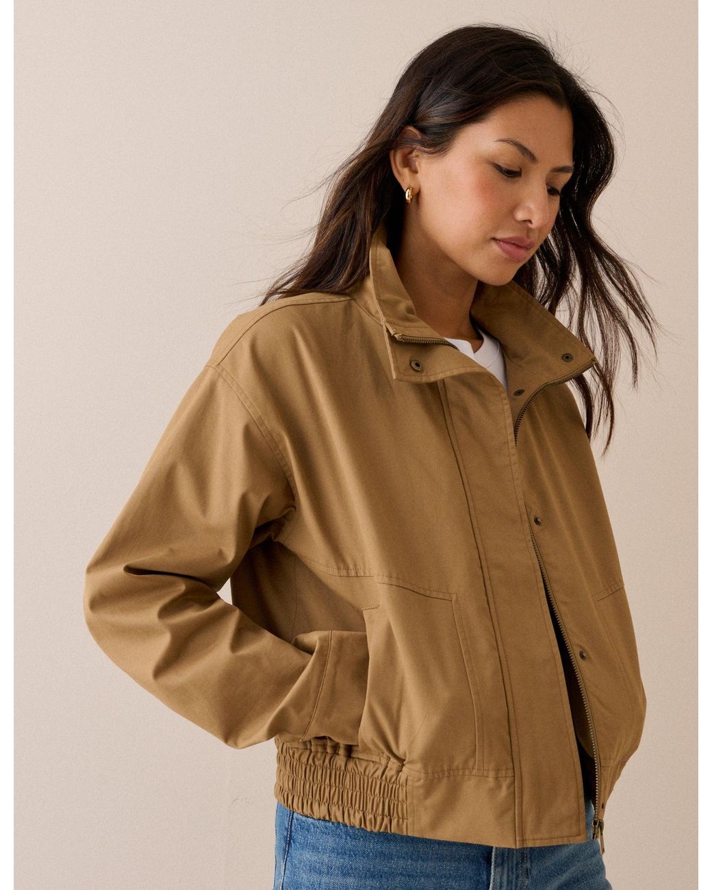 Nobody's Child Natural Camel Funnel Neck Trinity Bomber Jacket