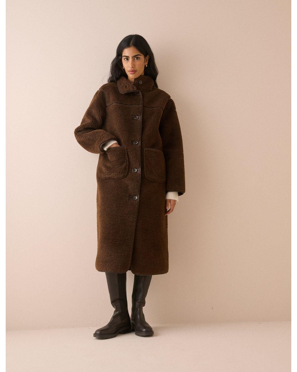 Nobody's Child Natural Longline Funnel Neck Faux Shearling Coat