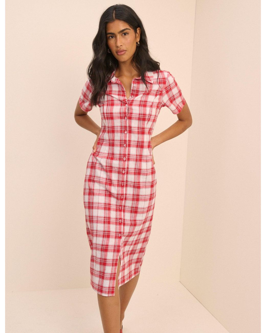 Nobody's Child Pink Checked Collared Alexandria Midi Shirt Dress