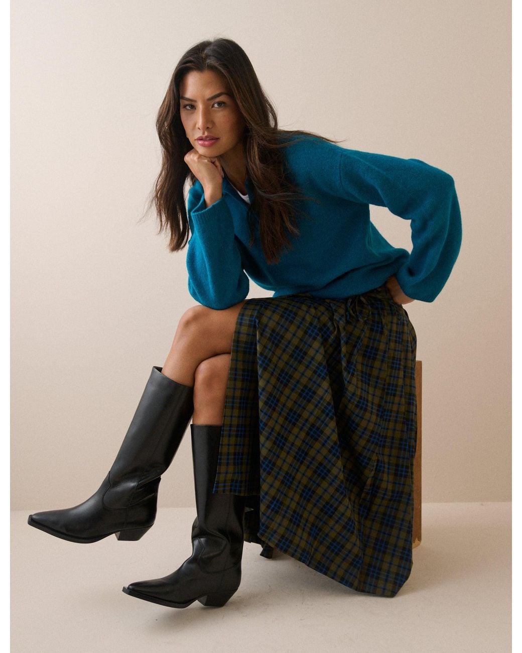 Nobody's Child Blue And Tartan Pleated Midi Skirt