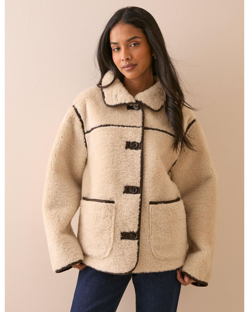 Nobody's Child Natural Funnel Neck Shearling Fur Coat