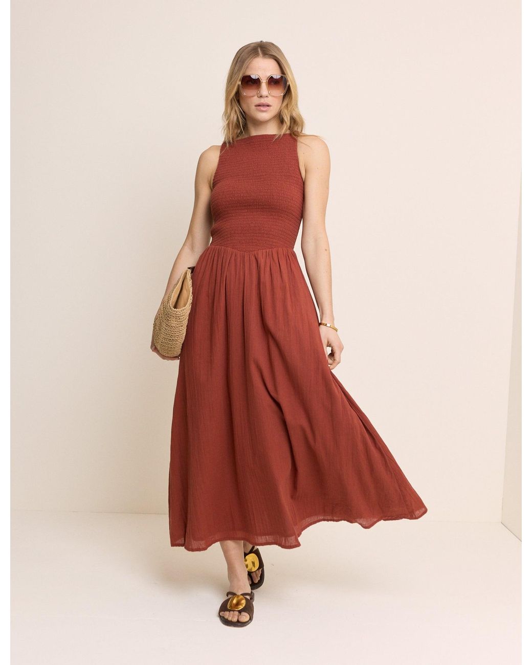 Nobody's Child Pink Burnt Drop Waist Shirred Angelina Midi Dress