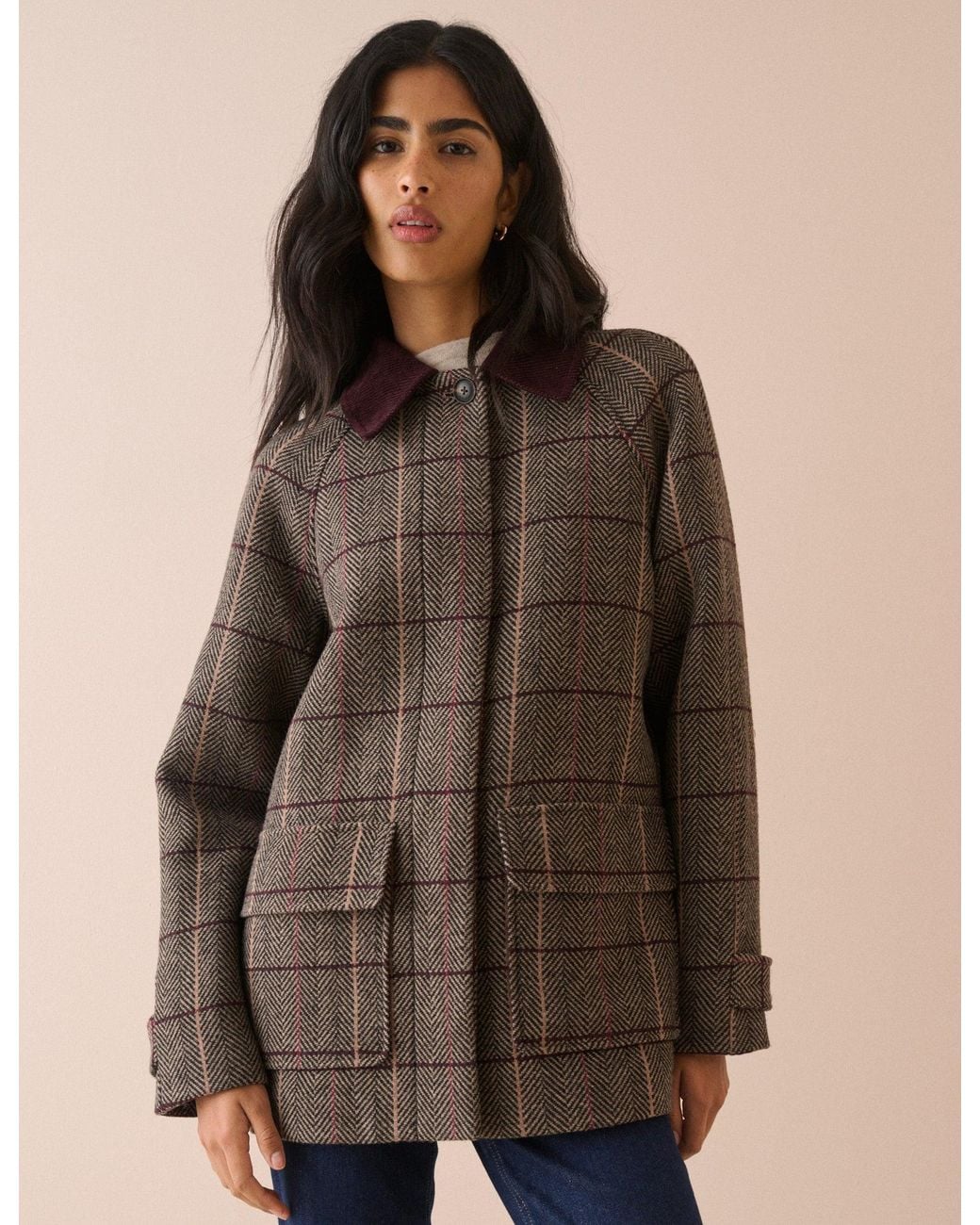 Nobody's Child Brown Herringbone Wool-Blend Funnel Neck Coat