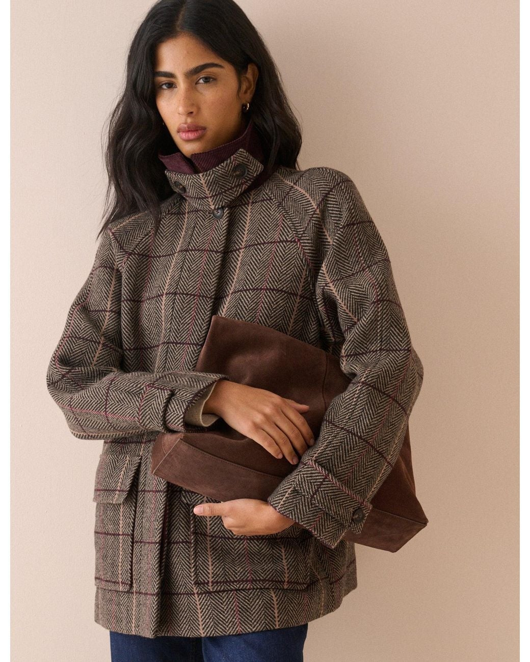 Nobody's Child Brown Herringbone Wool-Blend Funnel Neck Coat