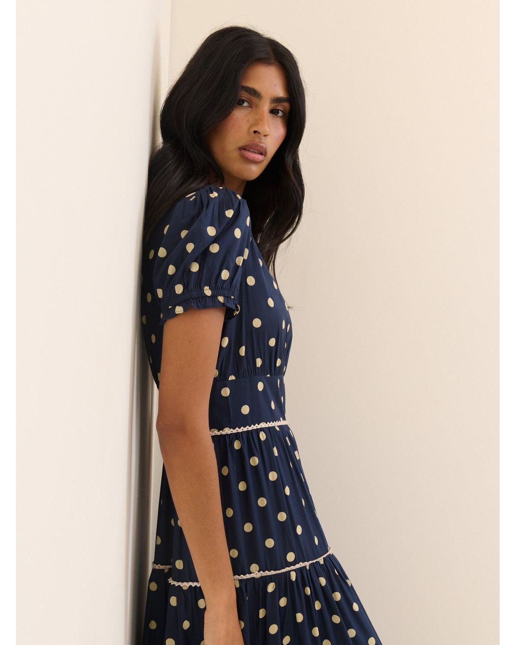 Nobody's Child Blue Polka Dot Tiered Dara Midi Dress