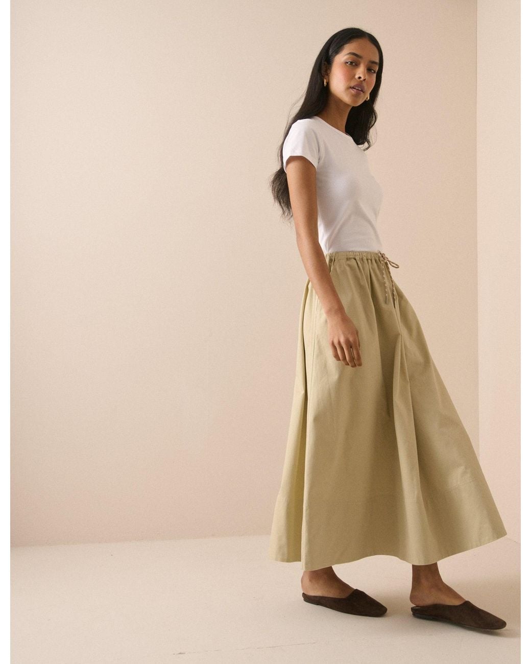 Nobody's Child Natural Stone Drawstring Midi Skirt
