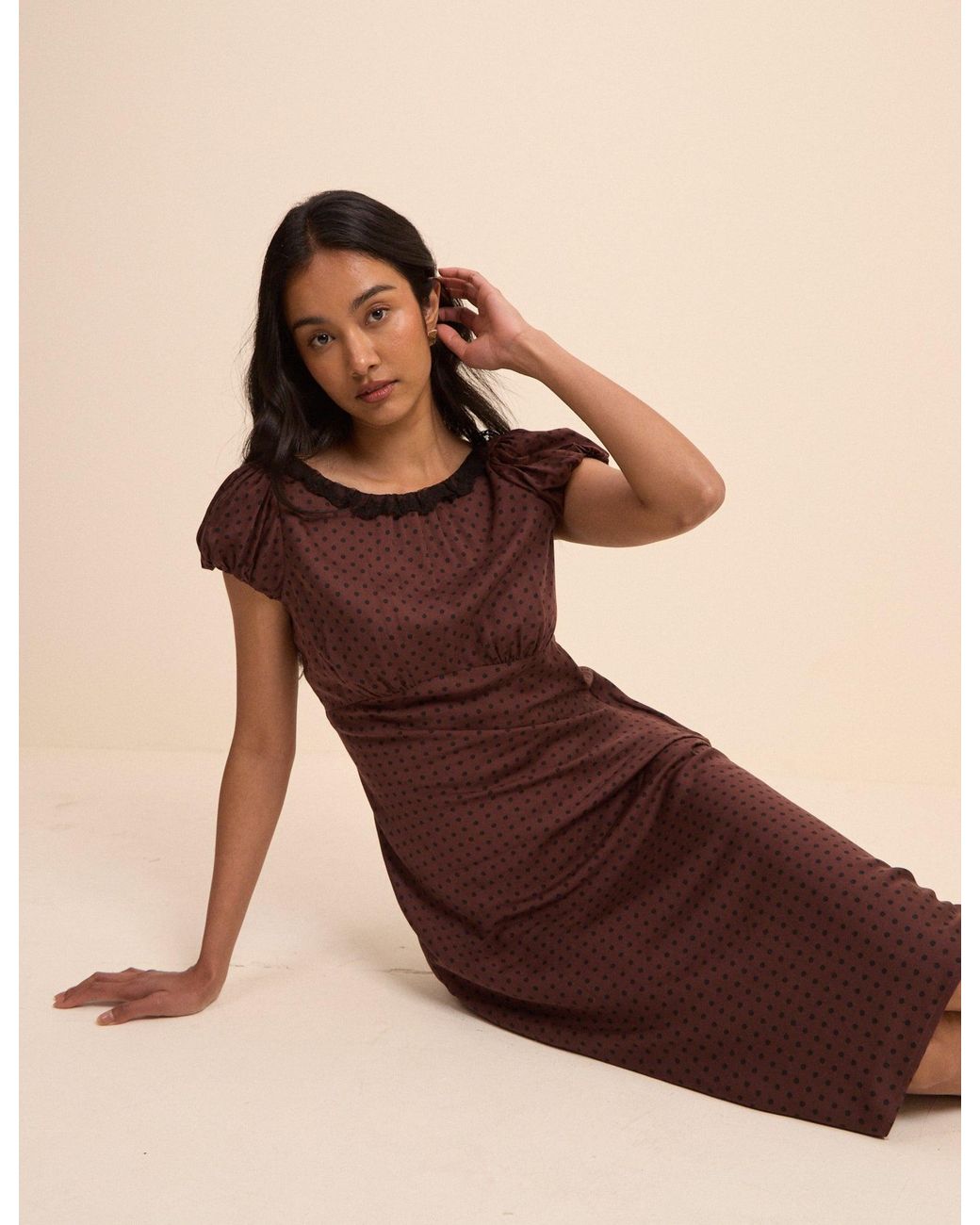 Nobody's Child Natural Petite Polka Dot Puff Sleeve Marianna Midi Dress