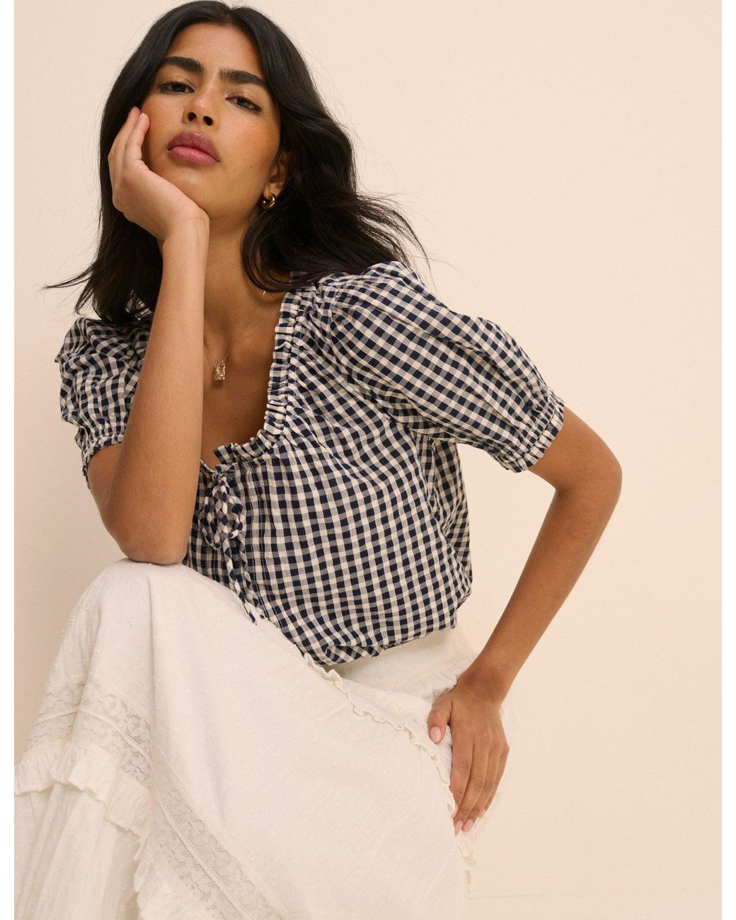 Nobody's Child Natural Gingham Puff Sleeve Lumi Blouse