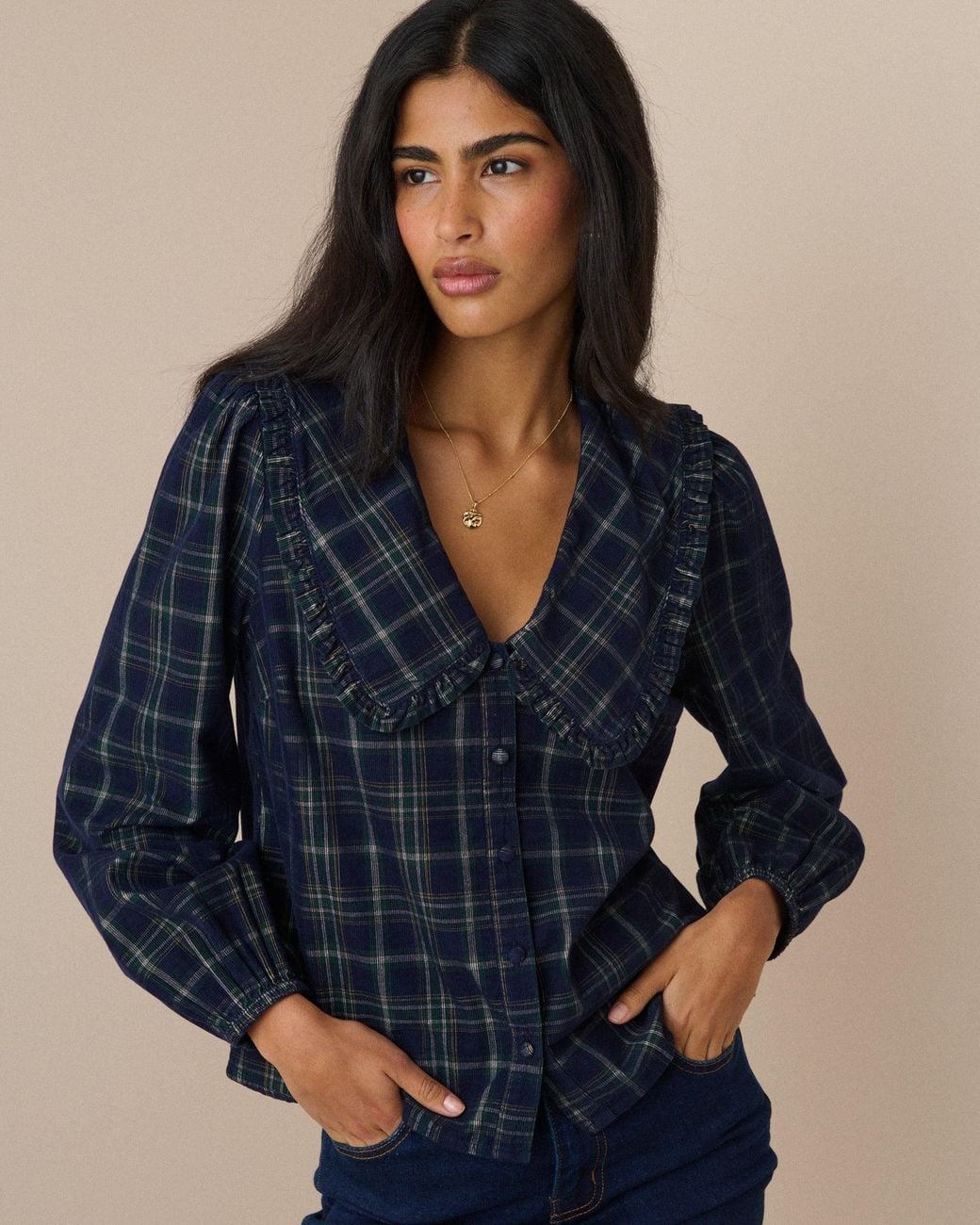 Nobody's Child Blue Tartan Cord Oversized Collar Blouse