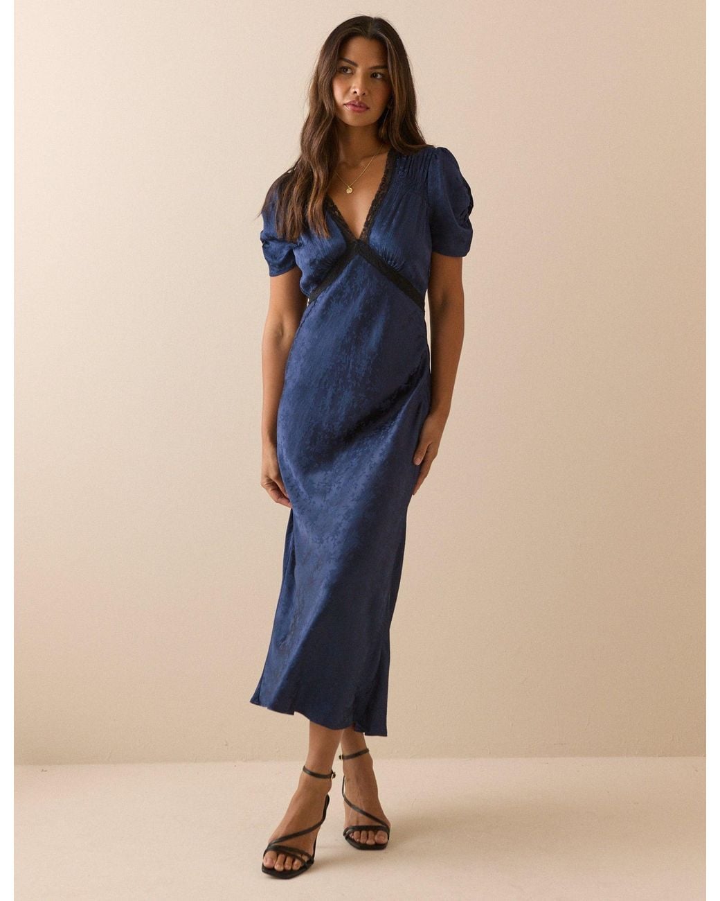Nobody's Child Blue Jacquard Floral Satin Nicolette Midi Dress