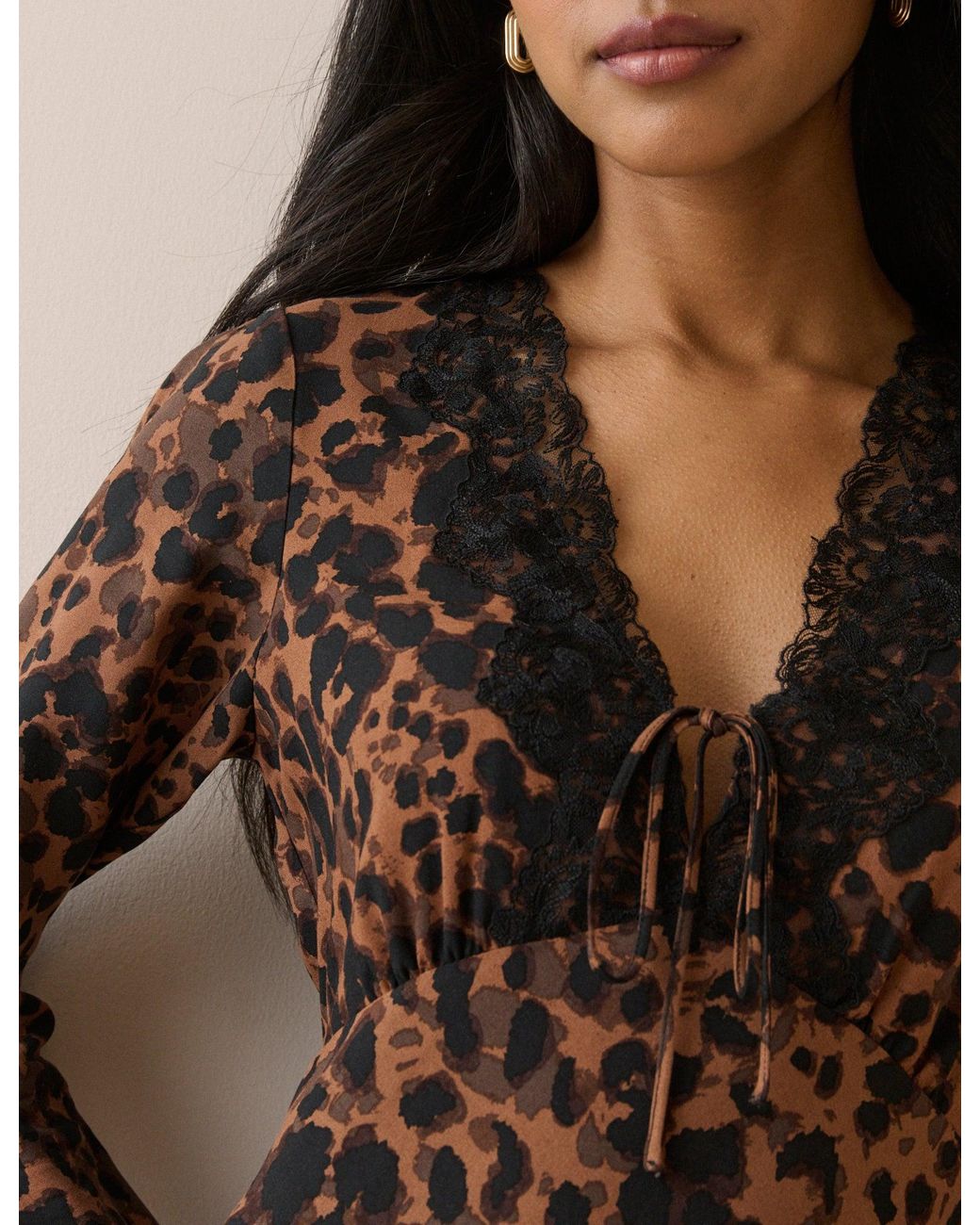 Nobody's Child Natural Leopard Print Lace Trim Long Sleeve Aida Midi Dress