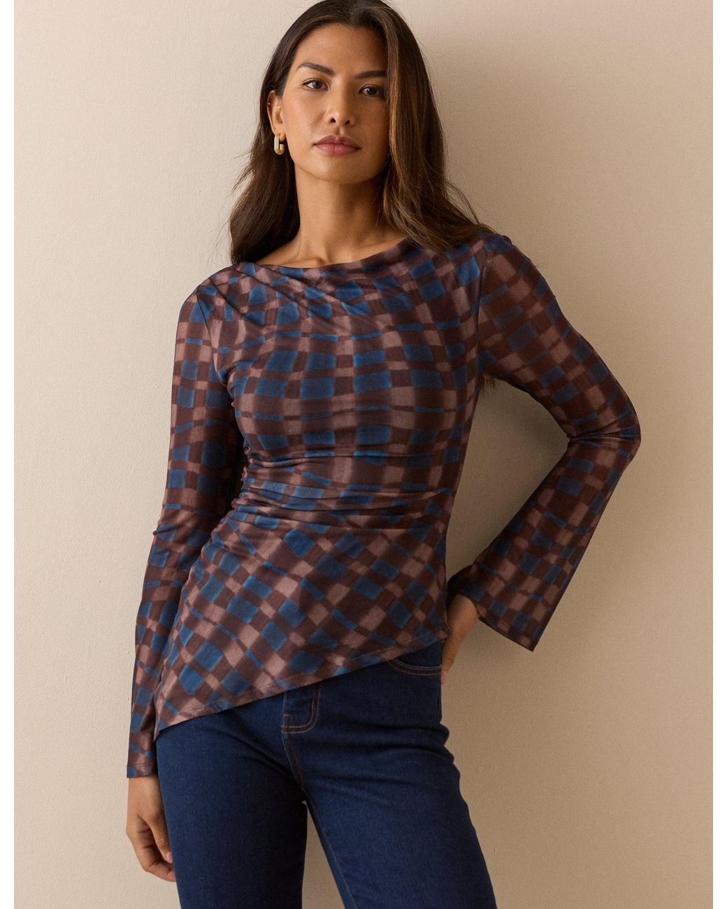Nobody's Child Blue And Check Asymmetric Mesh Ruched Top