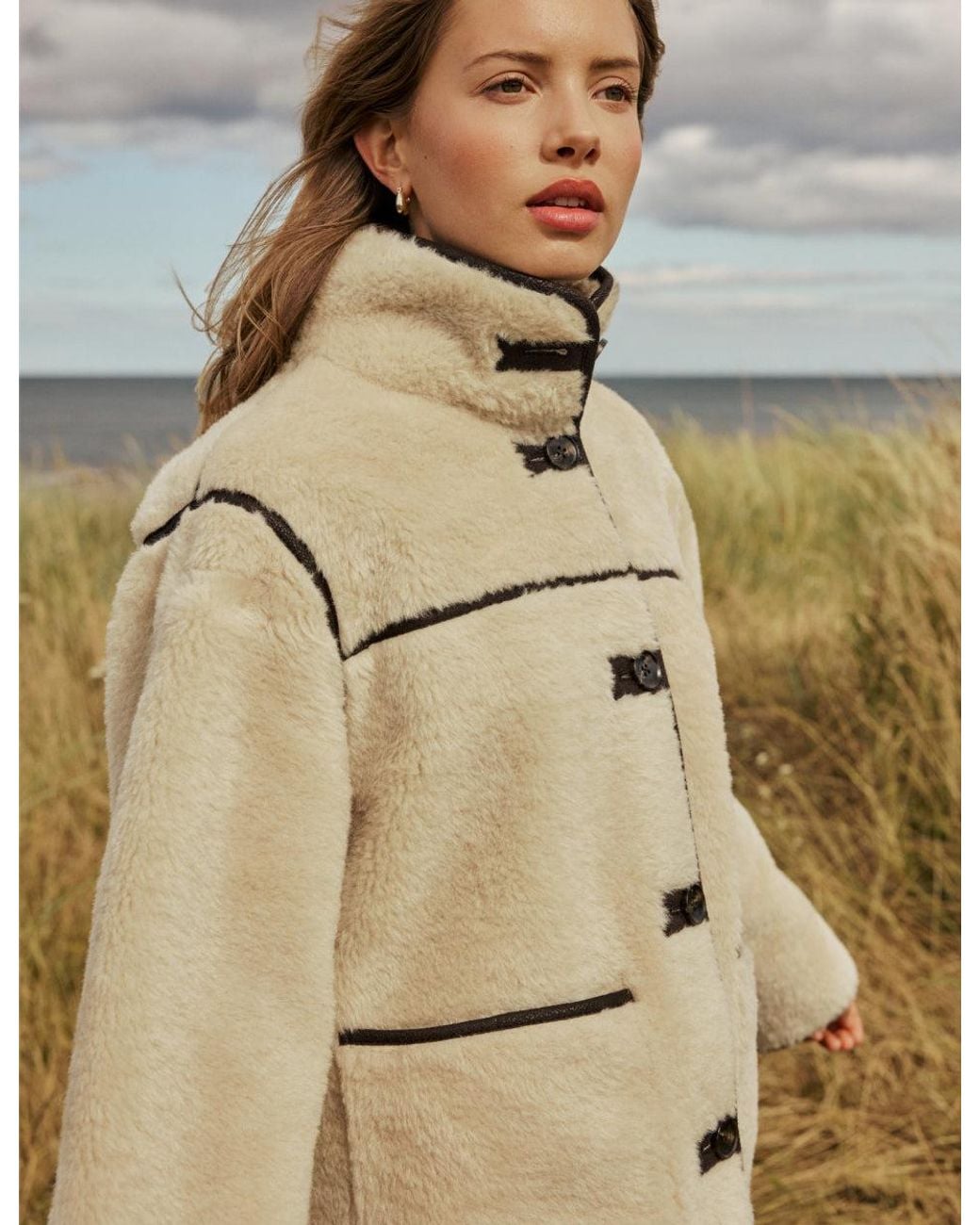 Nobody's Child Natural Funnel Neck Shearling Fur Coat