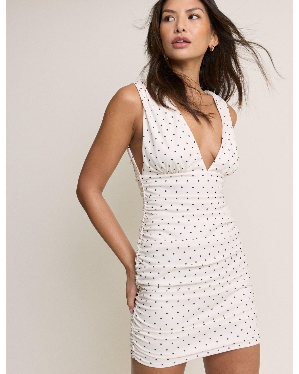 Nobody's Child Black And Polka Dot Ruched Bianca Mini Dress