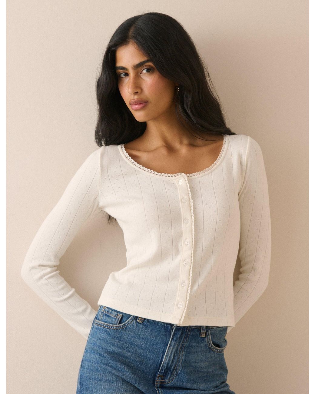 Nobody's Child Blue Scoop Neck Pointelle Cardigan