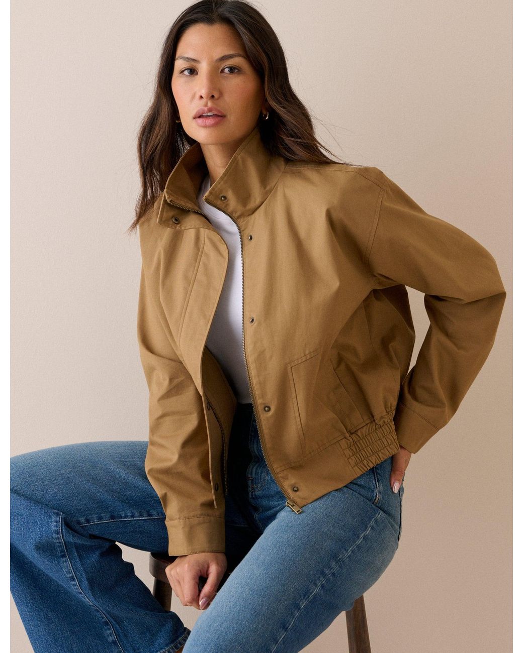 Nobody's Child Natural Camel Funnel Neck Trinity Bomber Jacket
