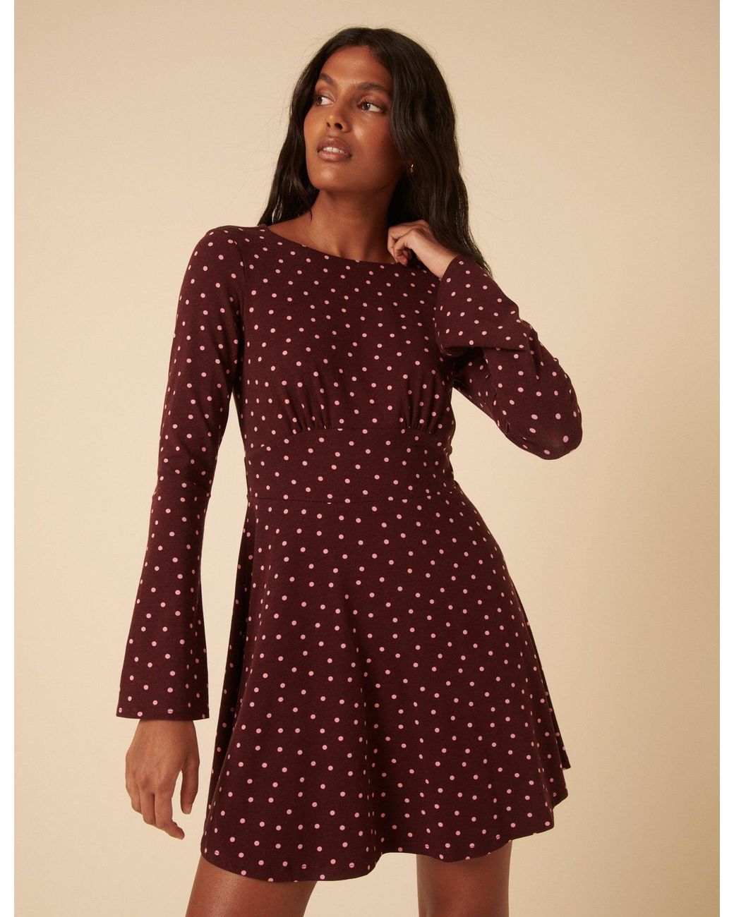 Nobody's Child Natural Burgundy Polka Dot Boat Neck Tate Jersey Mini Dress