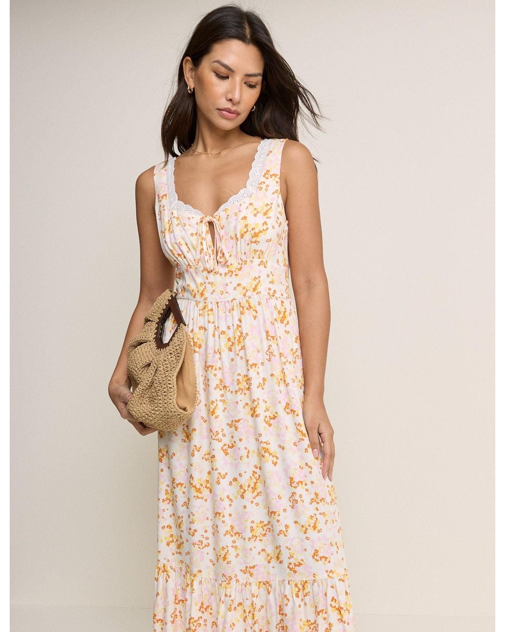 Nobody's Child Natural Ditsy Floral Tiered Heather Midi Dress