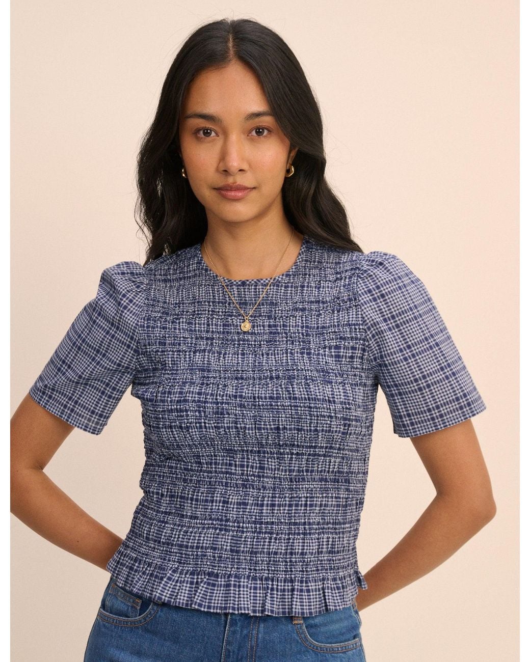 Nobody's Child Blue Check Shirred Top