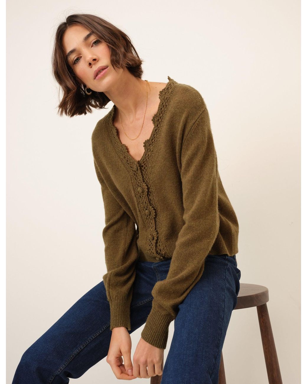 Nobody's Child Natural Wool Blend Crochet Trim V Neck Cardigan