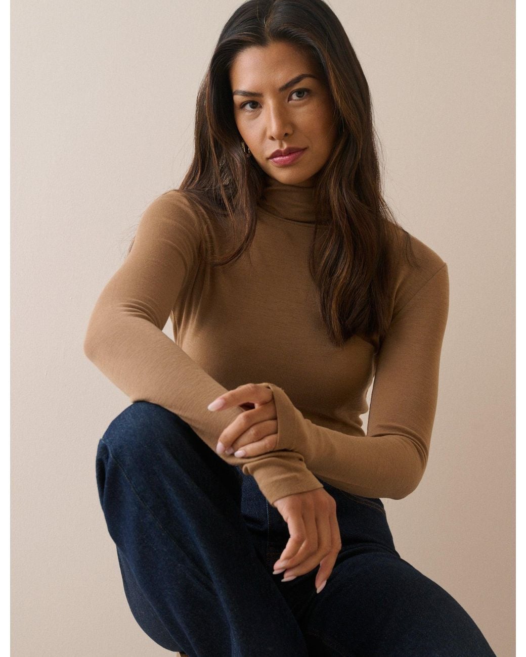 Nobody's Child Natural Camel Merino Wool Roll Neck Top