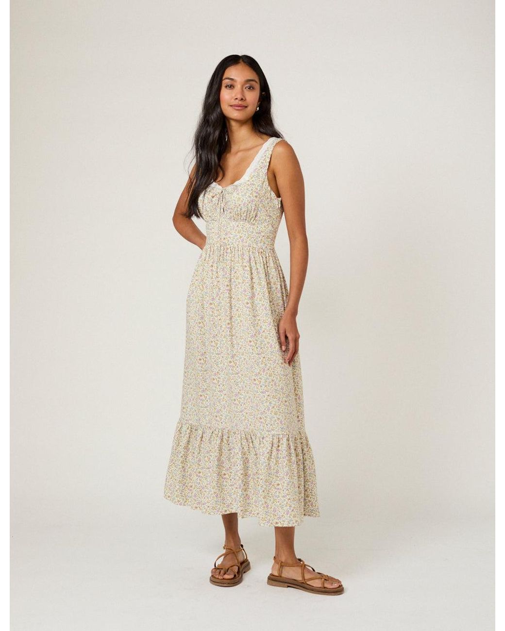 Nobody's Child Natural Ditsy Floral Tiered Heather Midi Dress