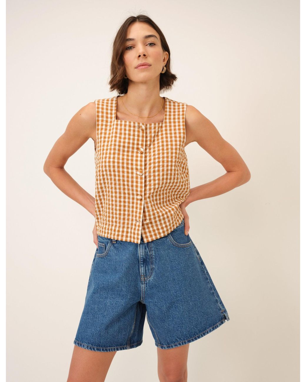 Nobody's Child Blue Gingham Button Front Top