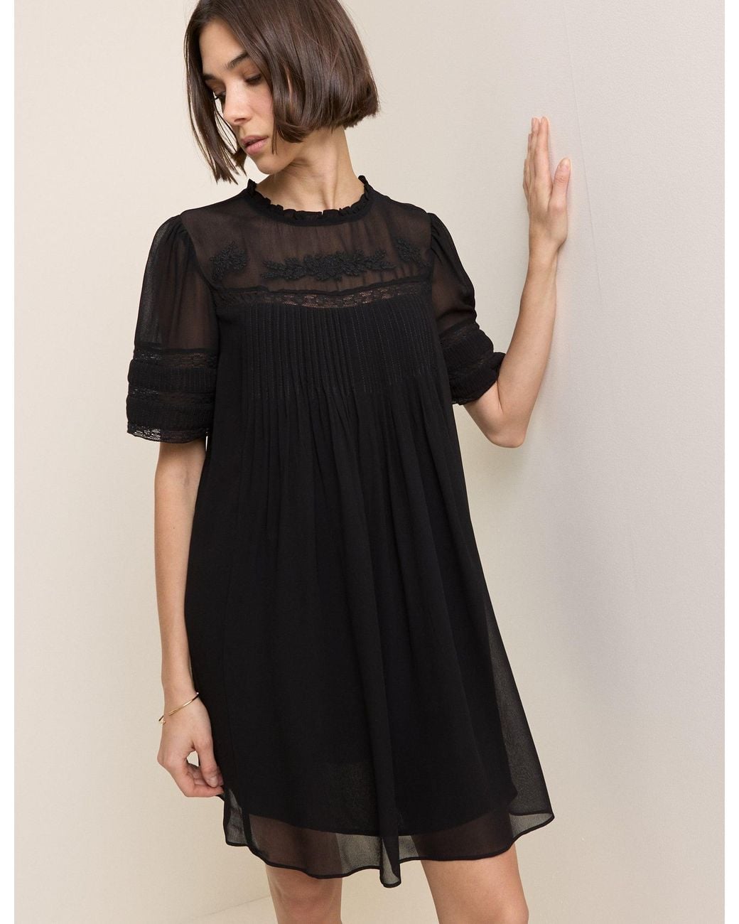 Nobody's Child Black Pintuck Lace Trim Tally Mini Dress