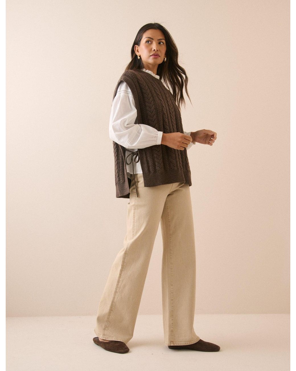 Nobody's Child Natural Chocolate Wool-Blend Cable Knit Vest