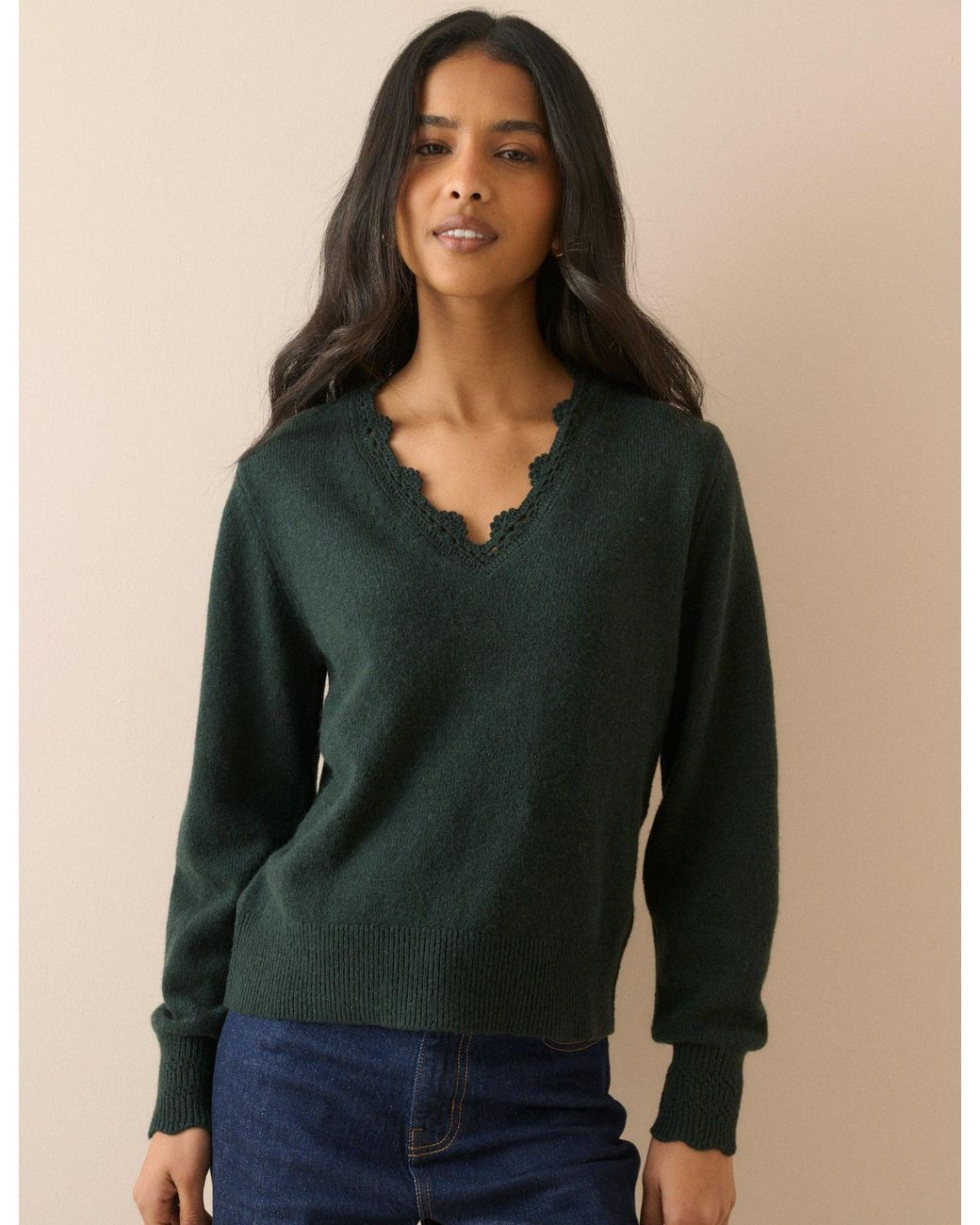 Nobody's Child Green Wool-Blend Crochet Trim Jumper