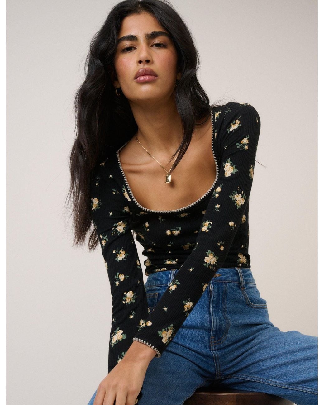 Nobody's Child Blue Floral Whipstitch Pointelle Scoop Neck Top