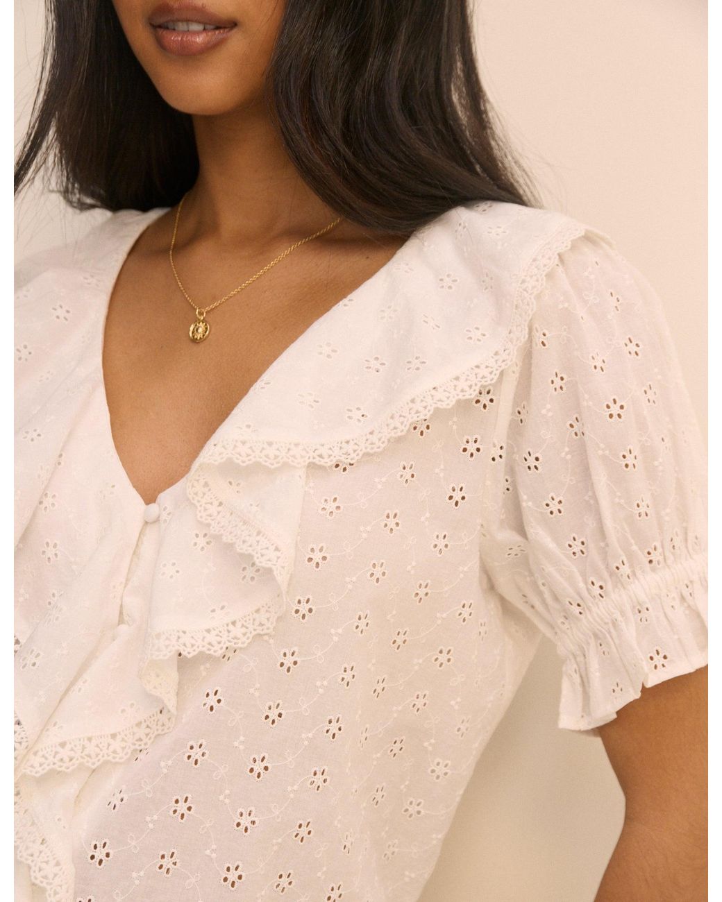Nobody's Child Natural Floral Broderie Ruffle Trim Top