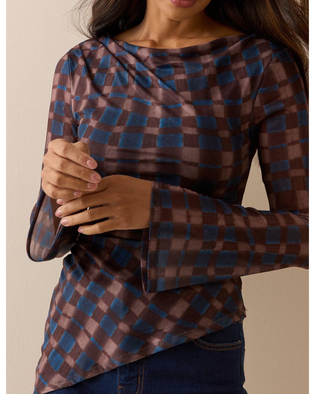Nobody's Child Blue And Check Asymmetric Mesh Ruched Top
