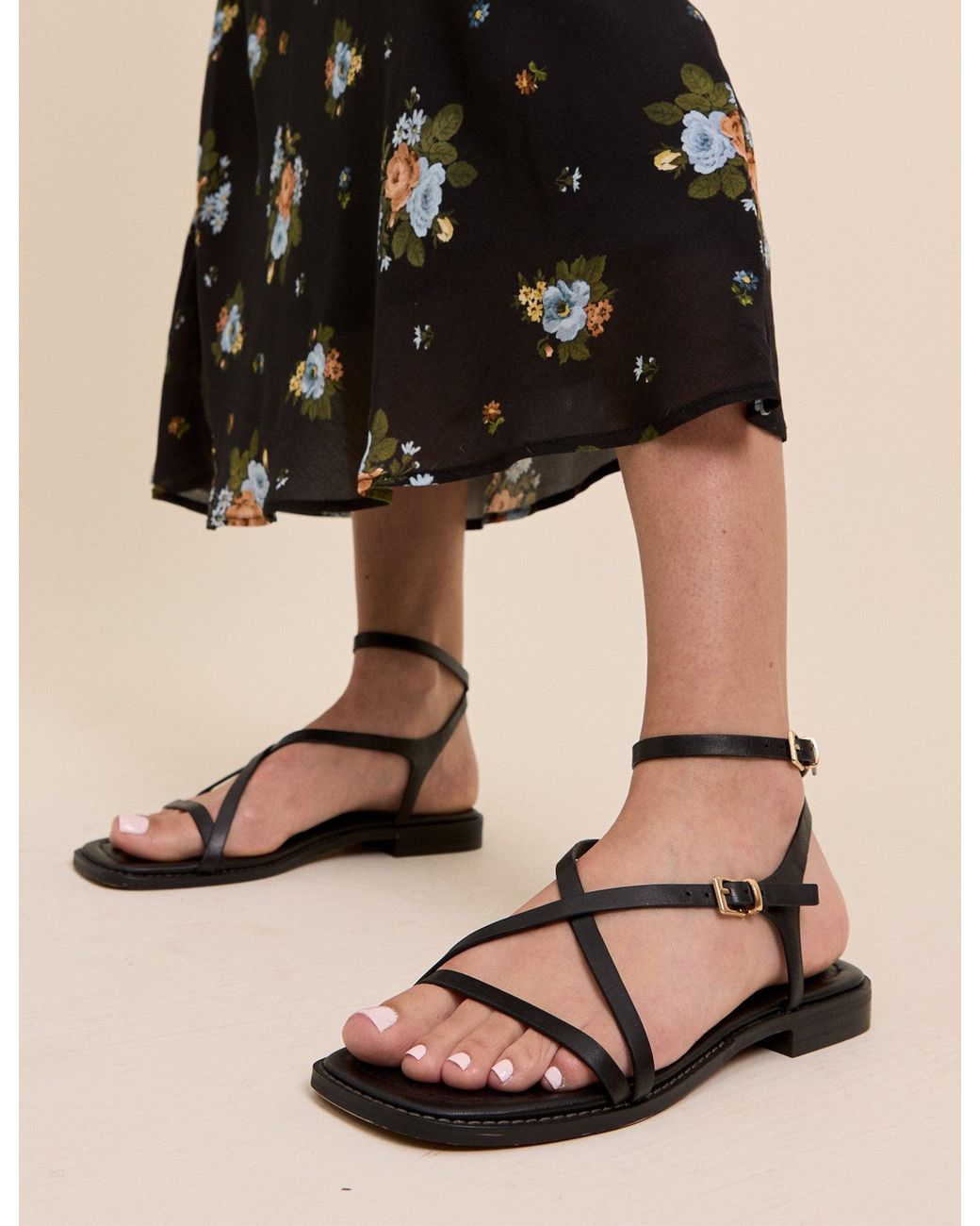 Nobody's Child Black Leather Square Toe Strappy Sandals